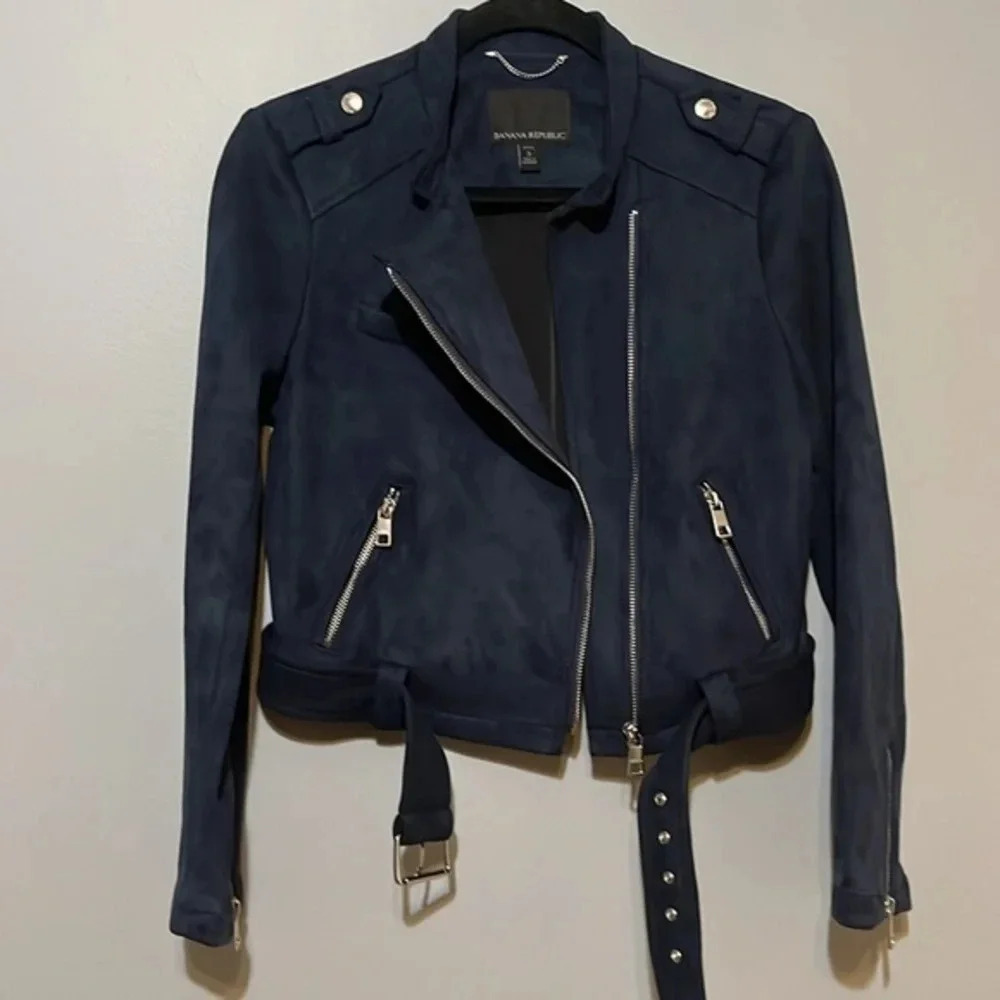 Banana Republic‎ | Navy blue vegan suede moto biker jacket Women’s S petite PS - Picture 7 of 10